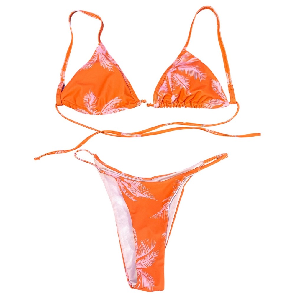 Orange Pink Palm Print Triangle Bikini Swimsuit High Cut Bottom Size XS
